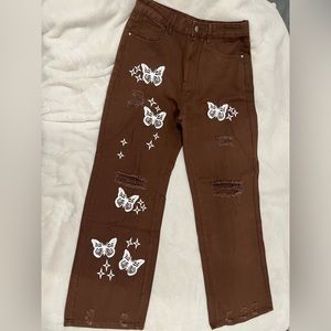 SHEIN EZwear Bleach Wash Ripped Detail Butterfly Jeans